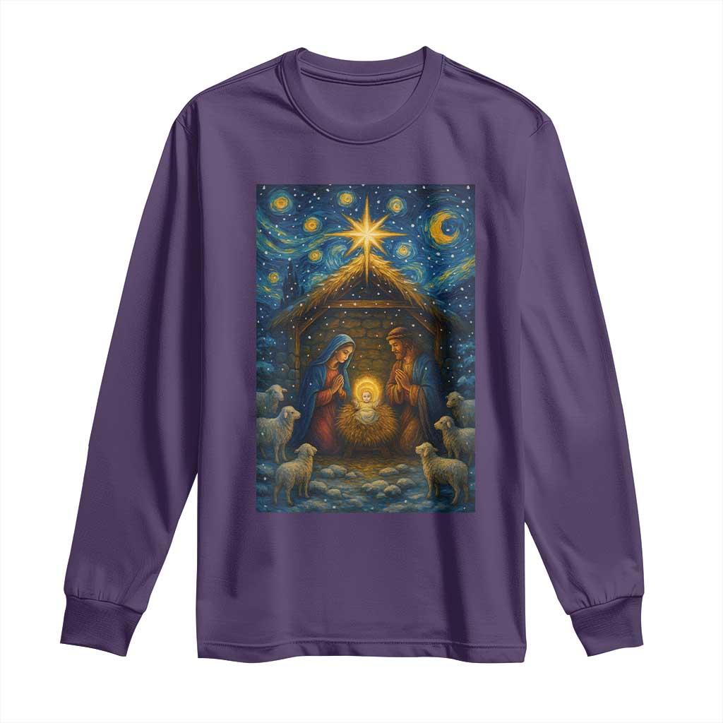 Jesus Christmas Long Sleeve Shirt Starry Night Nativity Scene Xmas - Wonder Print Shop