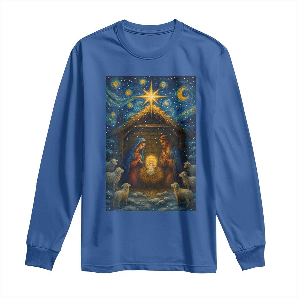 Jesus Christmas Long Sleeve Shirt Starry Night Nativity Scene Xmas - Wonder Print Shop