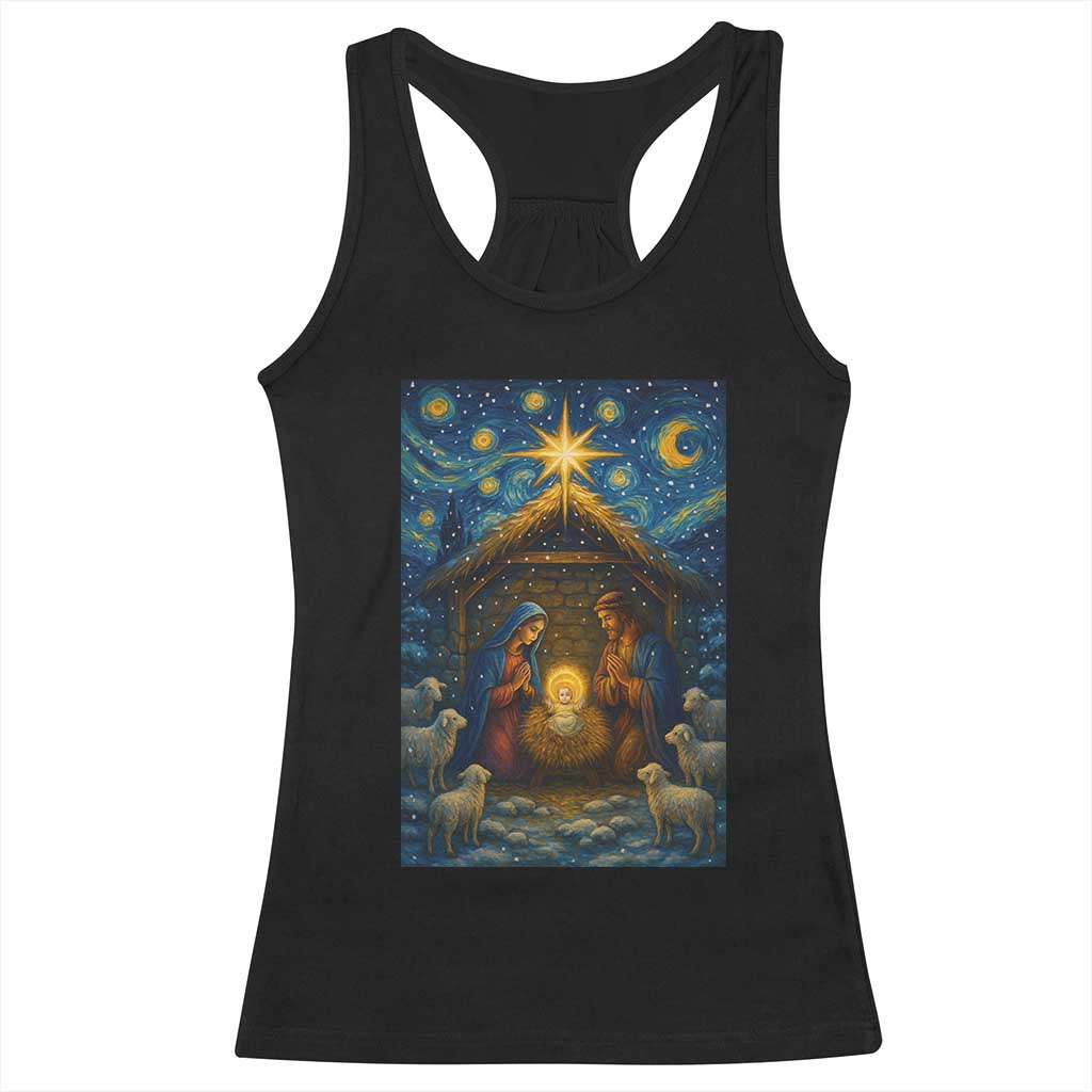 Jesus Christmas Racerback Tank Top Starry Night Nativity Scene Xmas - Wonder Print Shop