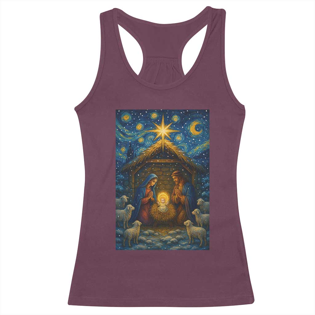 Jesus Christmas Racerback Tank Top Starry Night Nativity Scene Xmas - Wonder Print Shop