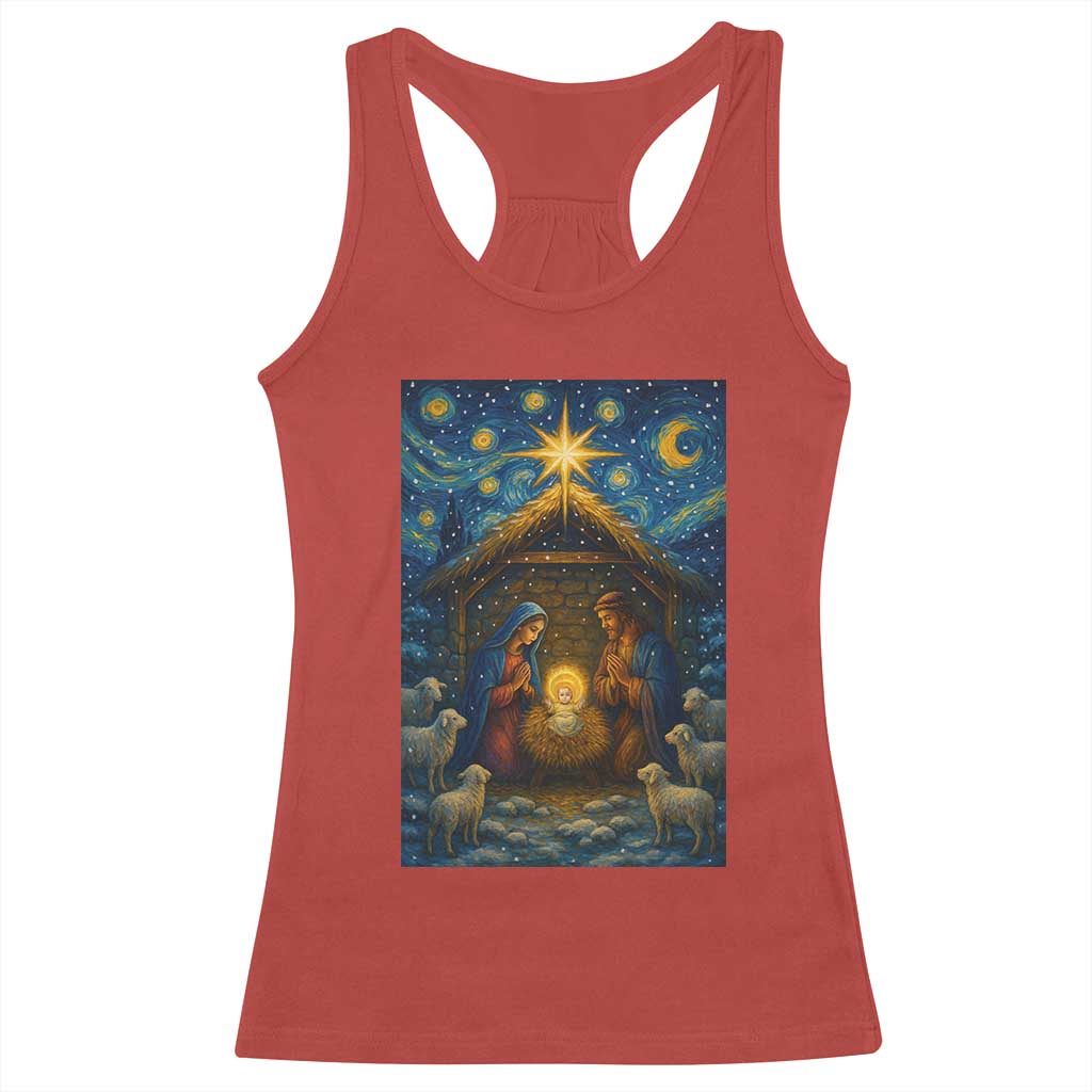Jesus Christmas Racerback Tank Top Starry Night Nativity Scene Xmas - Wonder Print Shop
