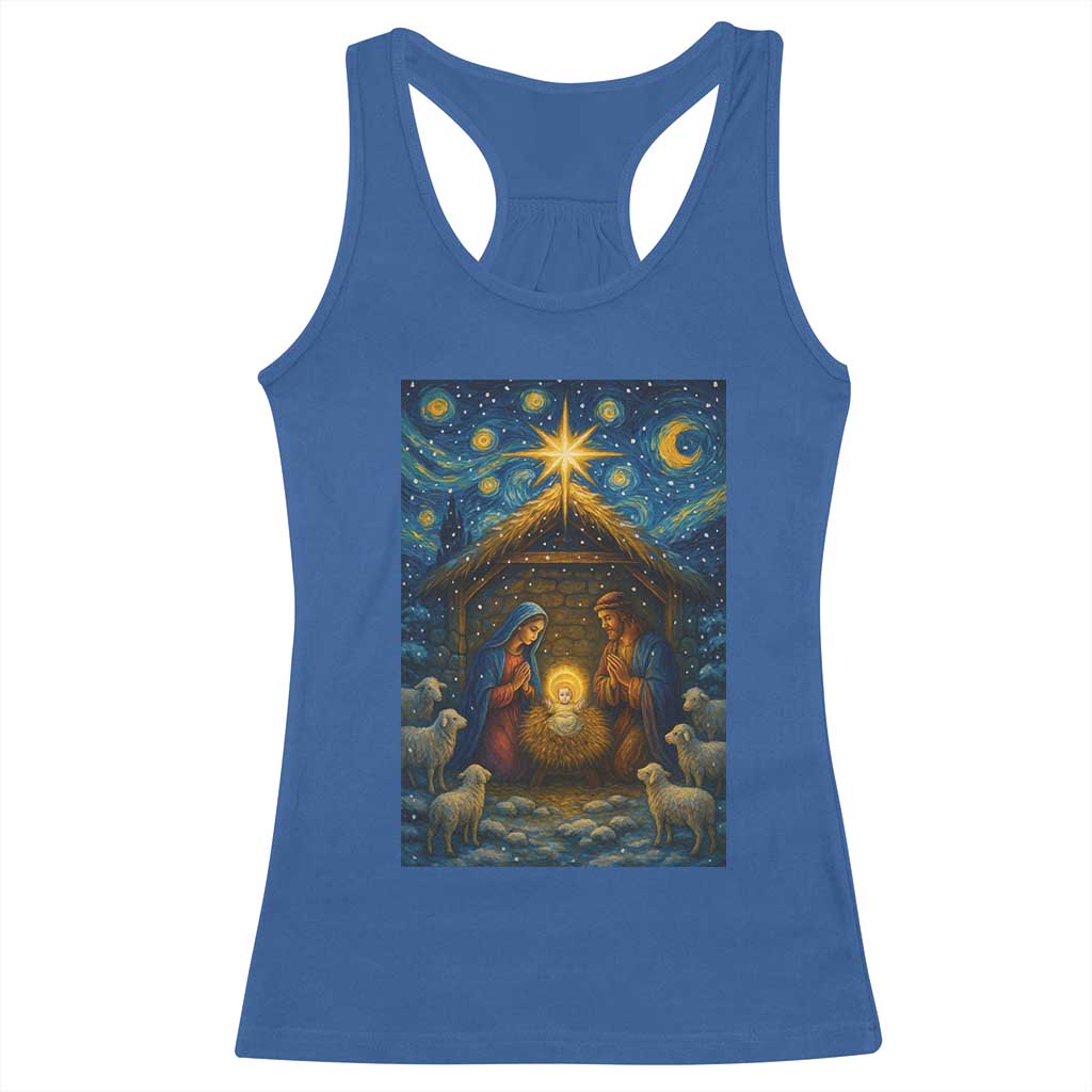 Jesus Christmas Racerback Tank Top Starry Night Nativity Scene Xmas - Wonder Print Shop
