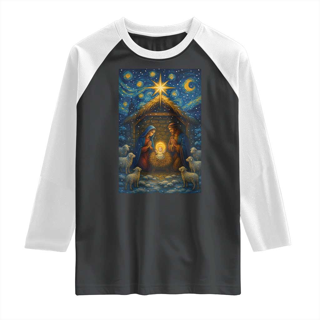 Jesus Christmas Raglan Shirt Starry Night Nativity Scene Xmas - Wonder Print Shop