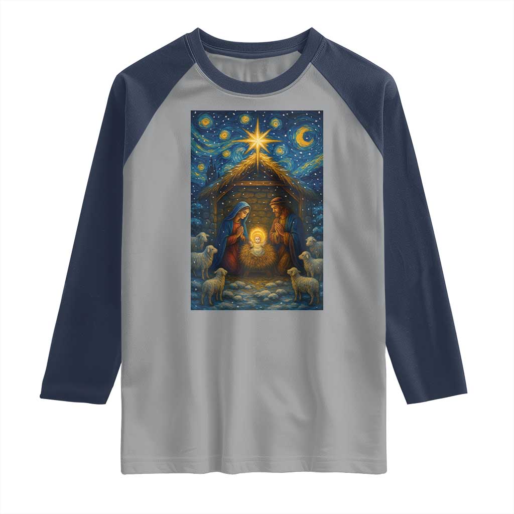 Jesus Christmas Raglan Shirt Starry Night Nativity Scene Xmas - Wonder Print Shop