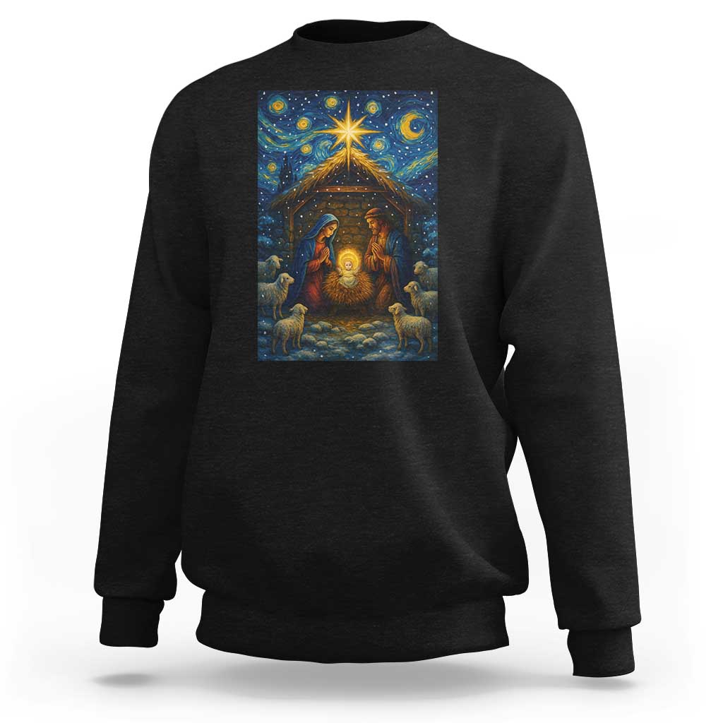 Jesus Christmas Sweatshirt Starry Night Nativity Scene Xmas - Wonder Print Shop