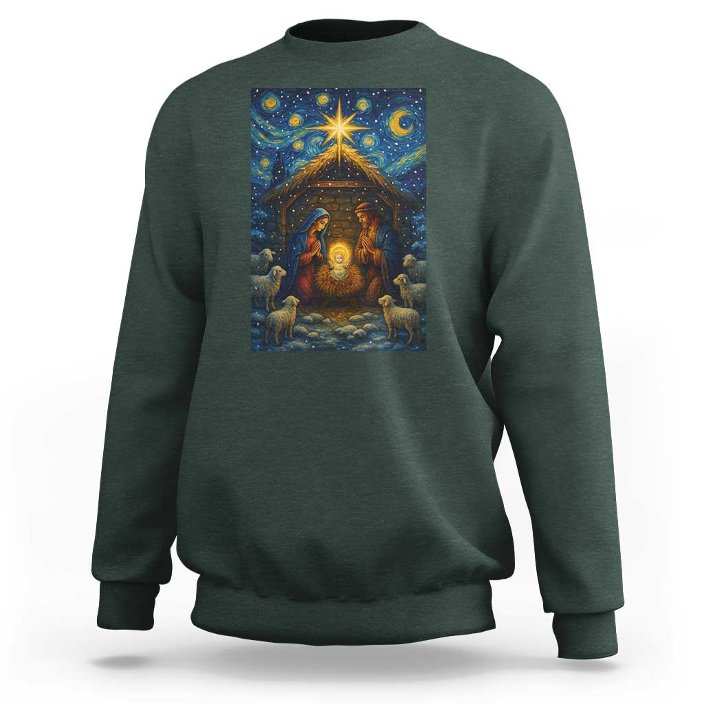 Jesus Christmas Sweatshirt Starry Night Nativity Scene Xmas - Wonder Print Shop