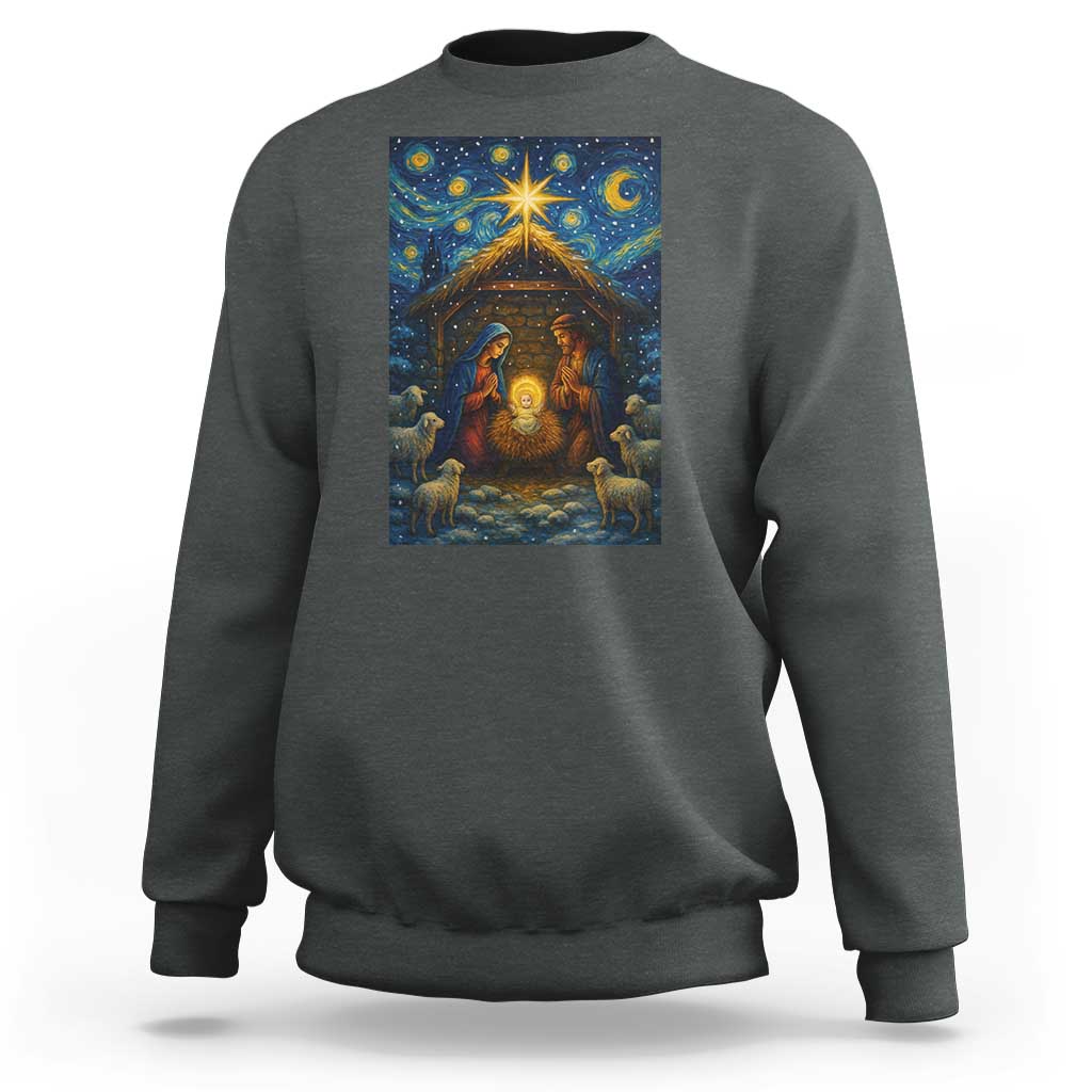 Jesus Christmas Sweatshirt Starry Night Nativity Scene Xmas - Wonder Print Shop