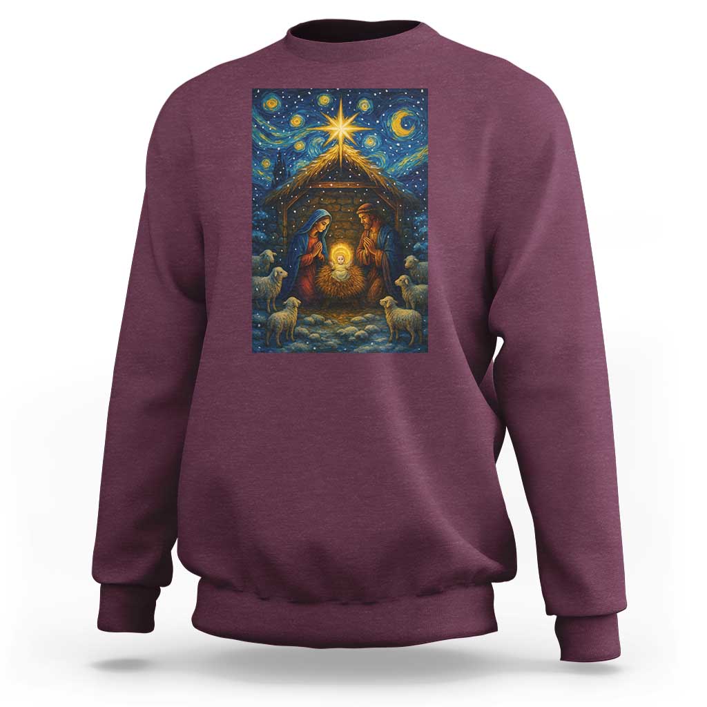 Jesus Christmas Sweatshirt Starry Night Nativity Scene Xmas - Wonder Print Shop