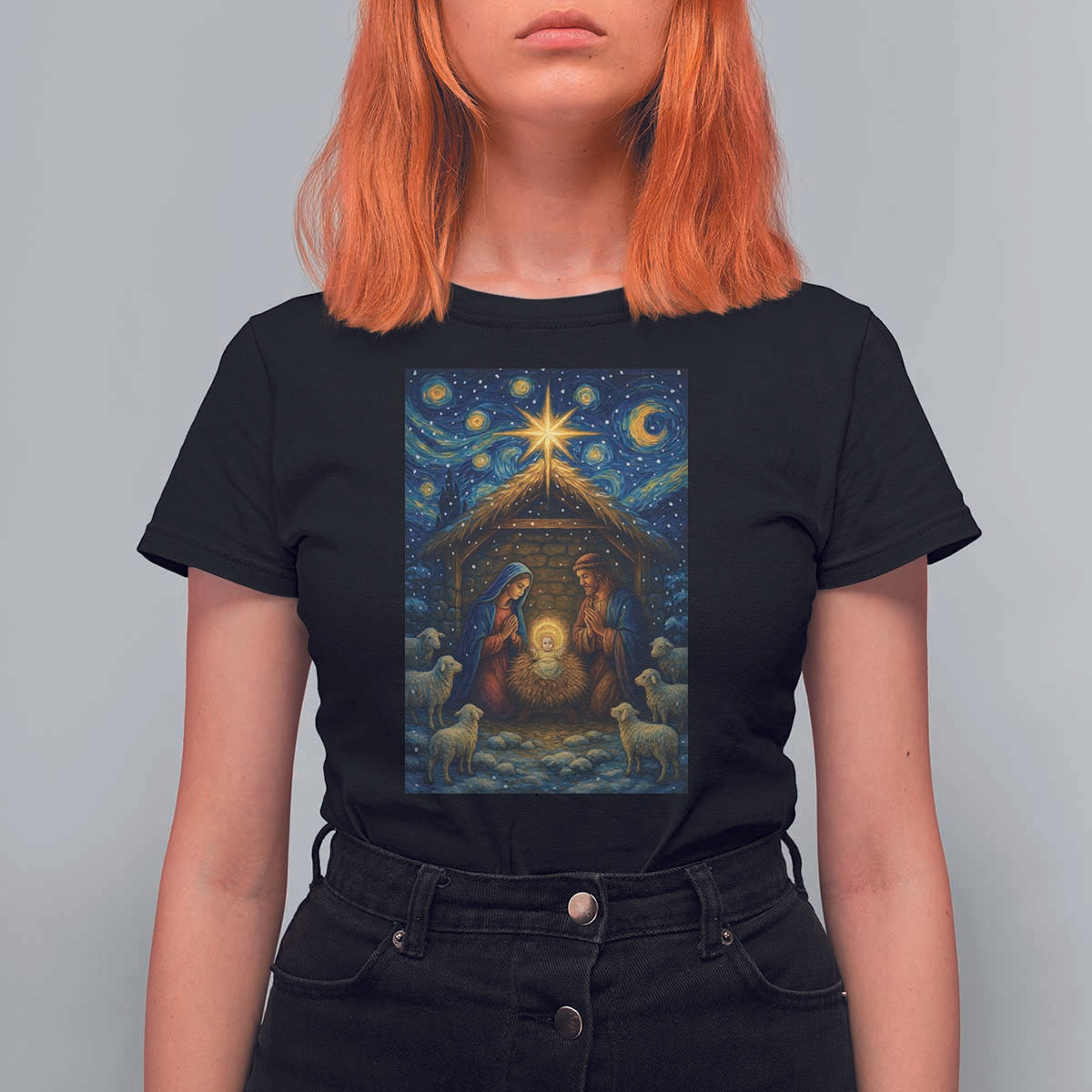 Jesus Christmas T Shirt For Women Starry Night Nativity Scene Xmas - Wonder Print Shop