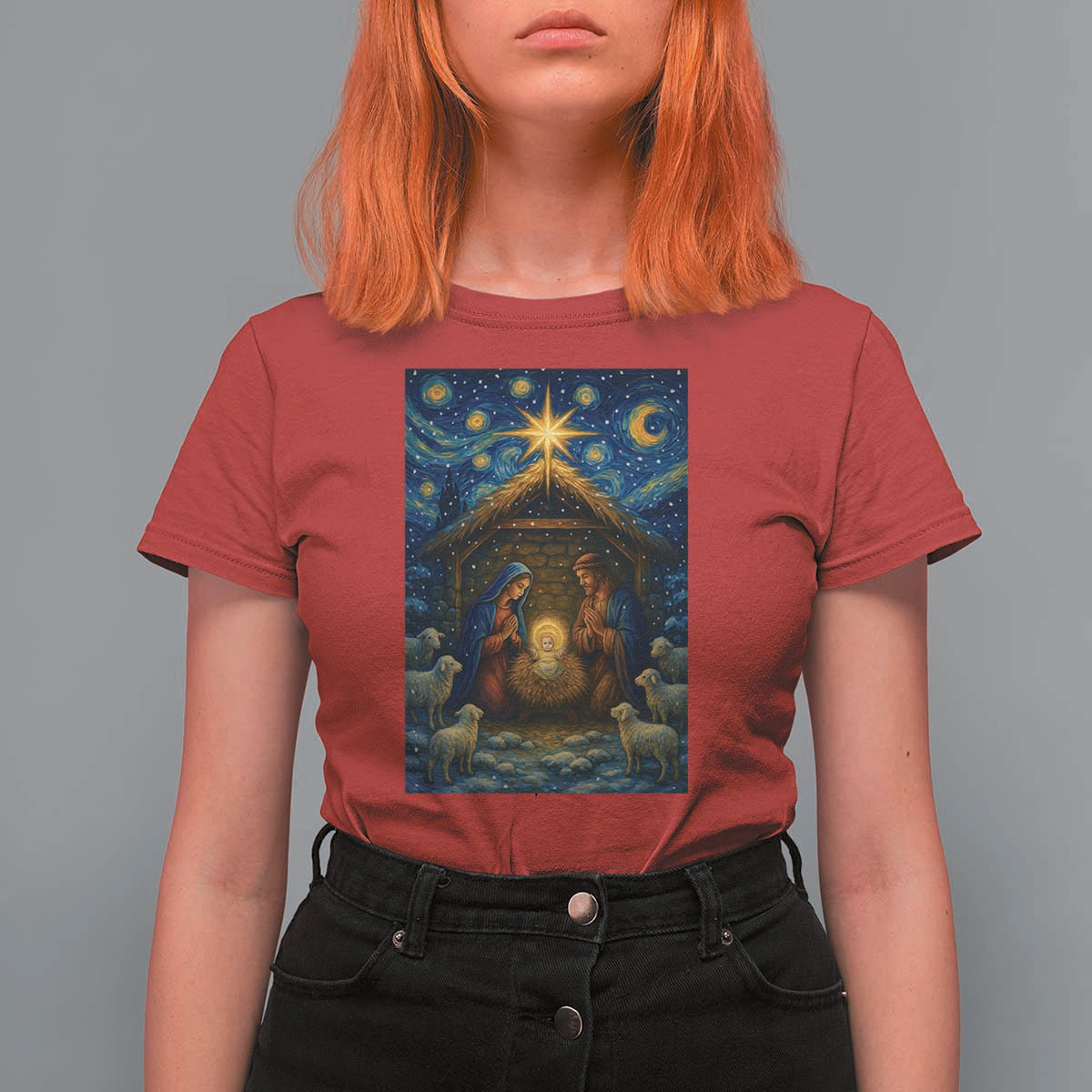 Jesus Christmas T Shirt For Women Starry Night Nativity Scene Xmas - Wonder Print Shop