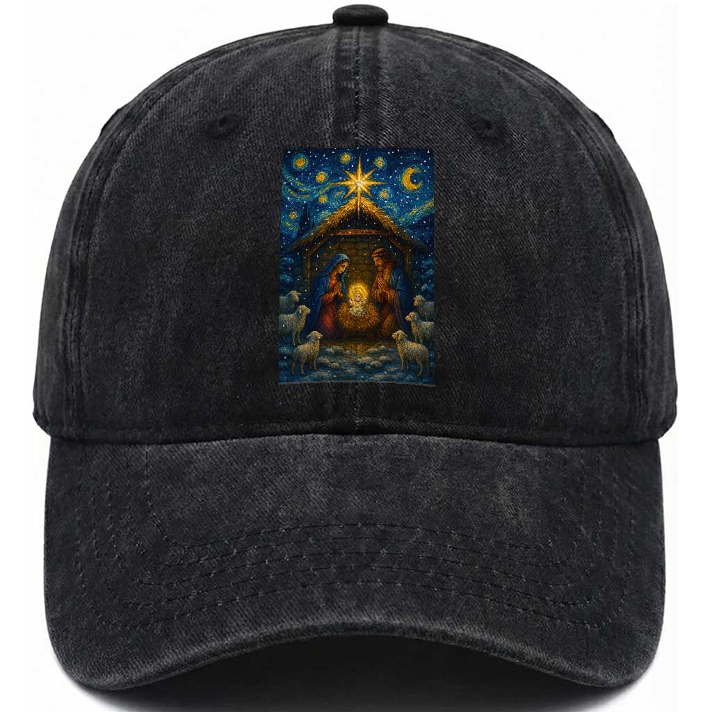 Jesus Christmas Washed Cotton Baseball Cap Starry Night Nativity Scene Xmas