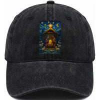 Jesus Christmas Washed Cotton Baseball Cap Starry Night Nativity Scene Xmas