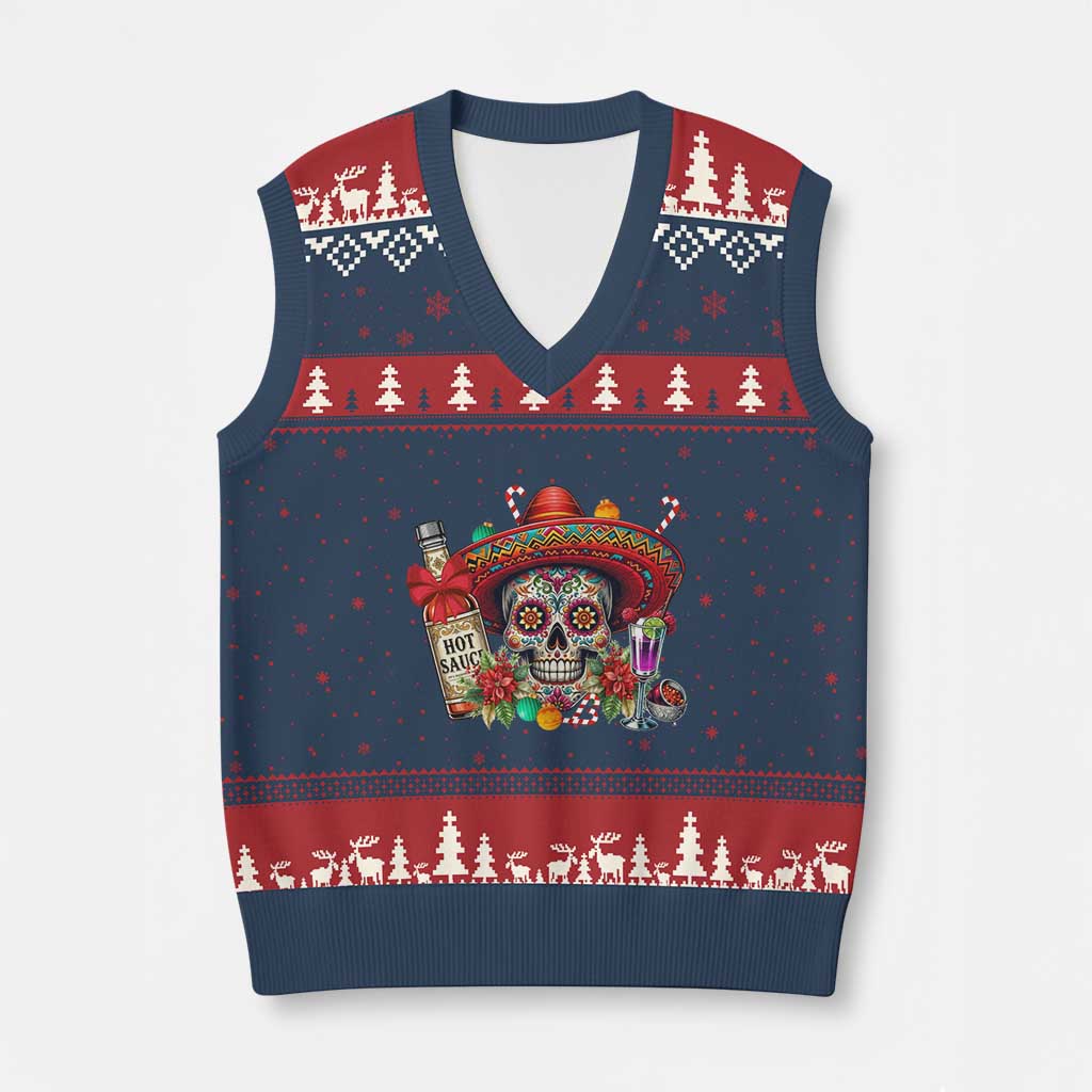 Cinco De Mayo Xmas V-Neck Knit Sweater Vest Mexican Sugar Skull Sombrero Tequila Party - Wonder Print Shop