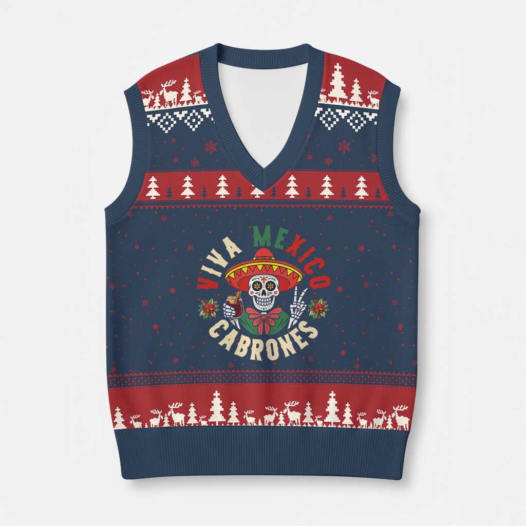 Viva Mexico Cabrones V-Neck Knit Sweater Vest Mexican Skull Xmas - Wonder Print Shop