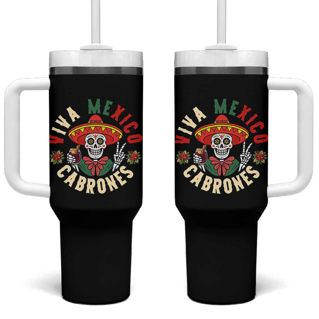 Viva Mexico Cabrones Tumbler With Handle Mexican Skull Christmas - Wonder Print Shop