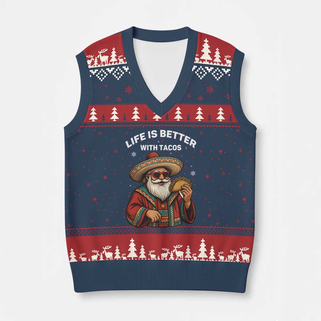 Funny Santa Taco Mexican V-Neck Knit Sweater Vest Life Is Better With Tacos - Wonder Print Shop