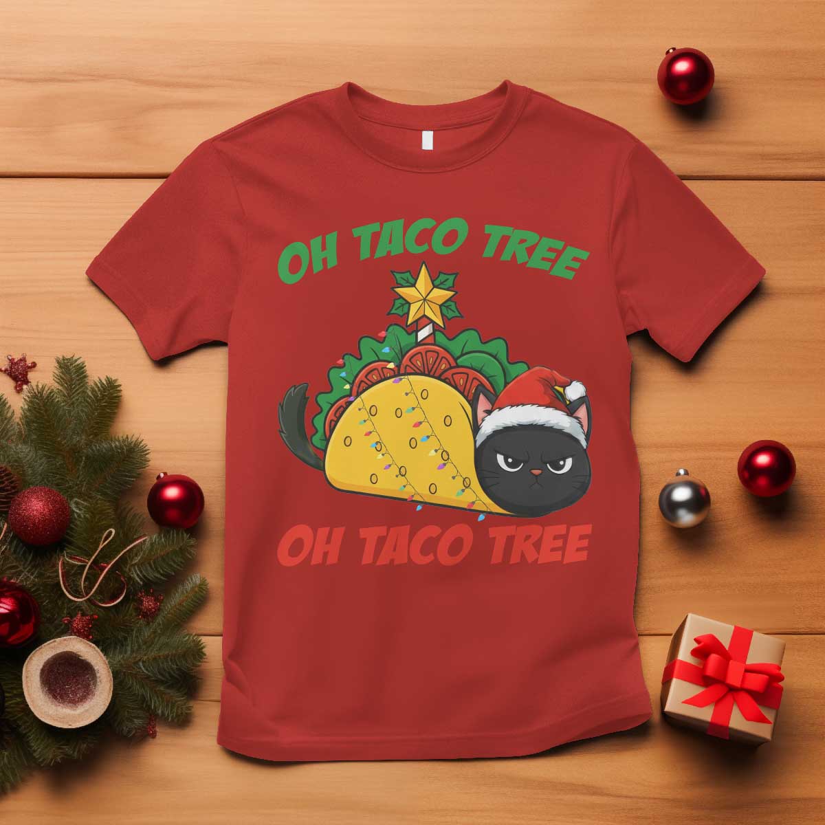 Funny Taco Cat Tree Christmas T Shirt - Wonder Print Shop