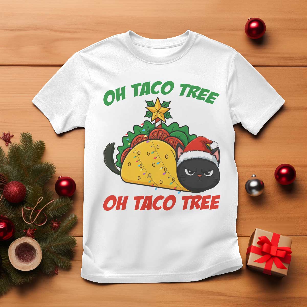 Funny Taco Cat Tree Christmas T Shirt - Wonder Print Shop
