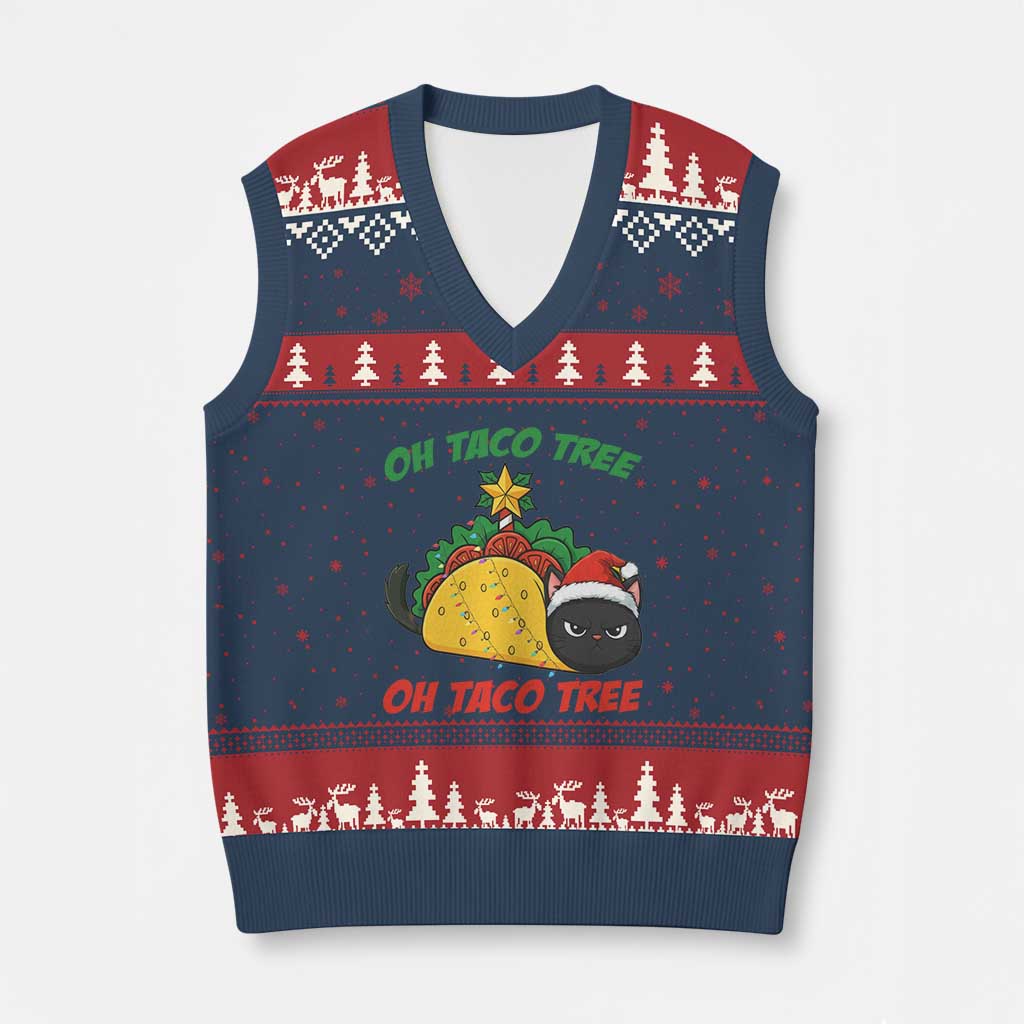 Funny Taco Cat Tree Xmas V-Neck Knit Sweater Vest - Wonder Print Shop