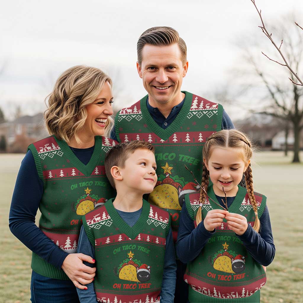 Funny Taco Cat Tree Xmas V-Neck Knit Sweater Vest - Wonder Print Shop