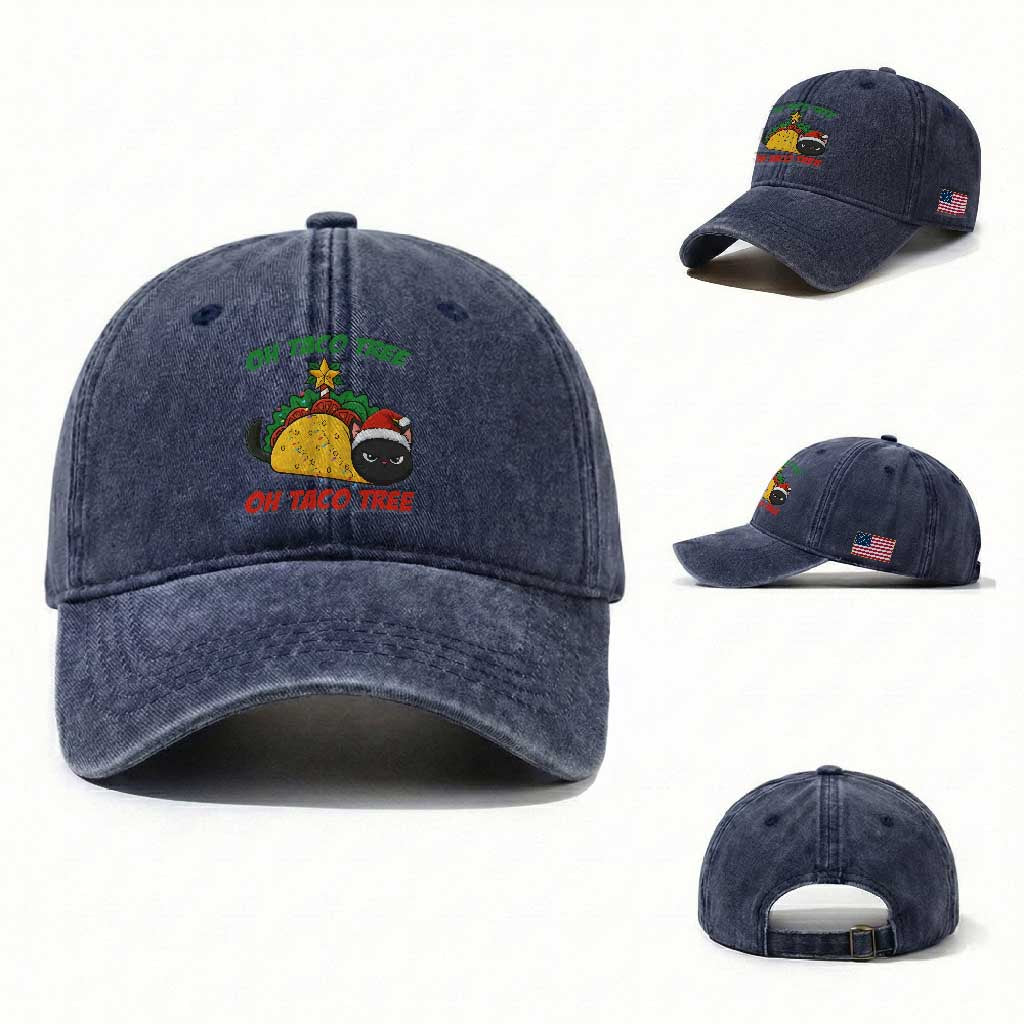 Funny Taco Cat Tree Christmas Washed Cotton Baseball Cap