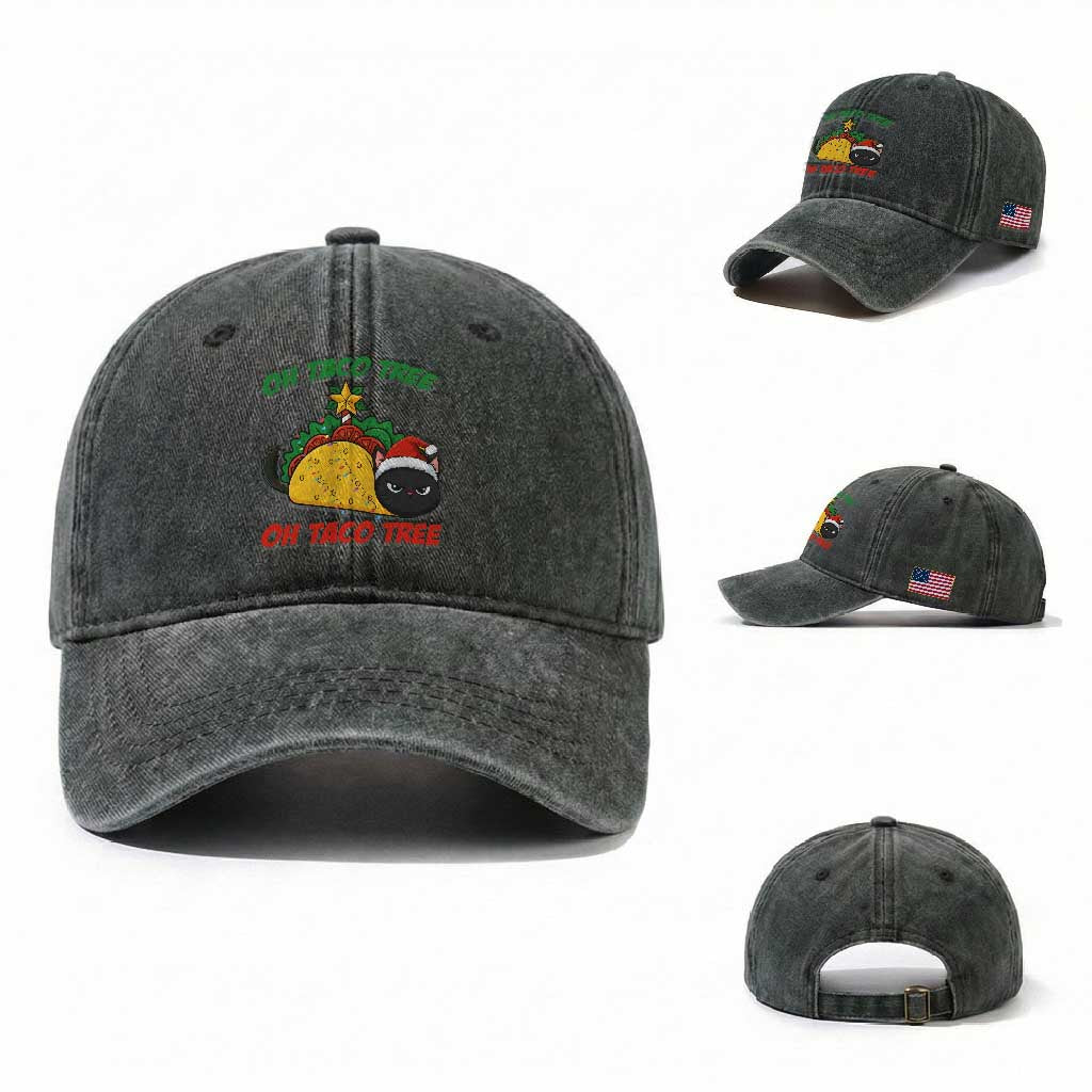 Funny Taco Cat Tree Christmas Washed Cotton Baseball Cap