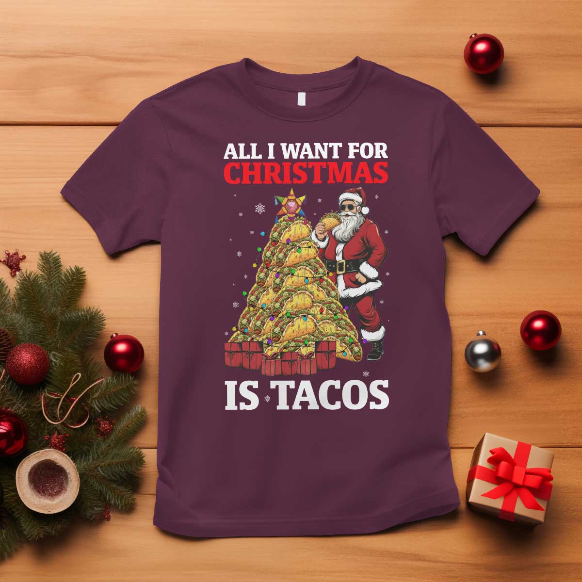 Funny Santa Taco T Shirt All I Want For Christmas Is Taco - Wonder Print Shop