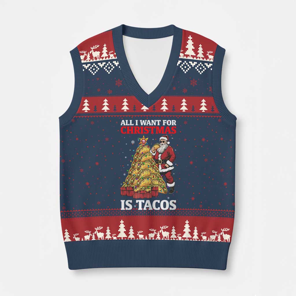 Funny Santa Taco V-Neck Knit Sweater Vest All I Want For Xmas Is Taco - Wonder Print Shop