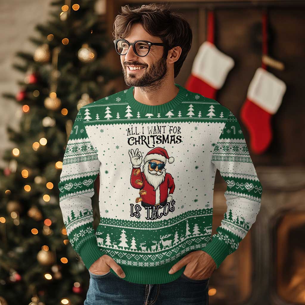 Funny Santa Taco Xmas Ugly Christmas Sweater All I Want For Xmas Is Taco - Wonder Print Shop