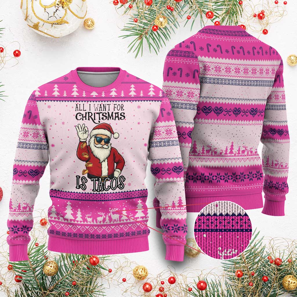 Funny Santa Taco Xmas Ugly Christmas Sweater All I Want For Xmas Is Taco - Wonder Print Shop