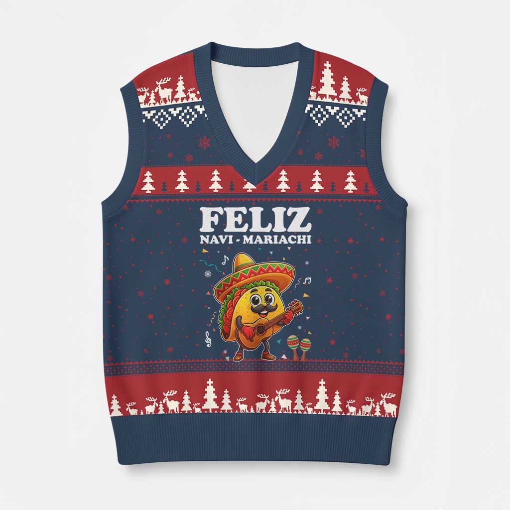 Funny Taco Mexican Xmas V-Neck Knit Sweater Vest Feliz Navi Mariachi - Wonder Print Shop