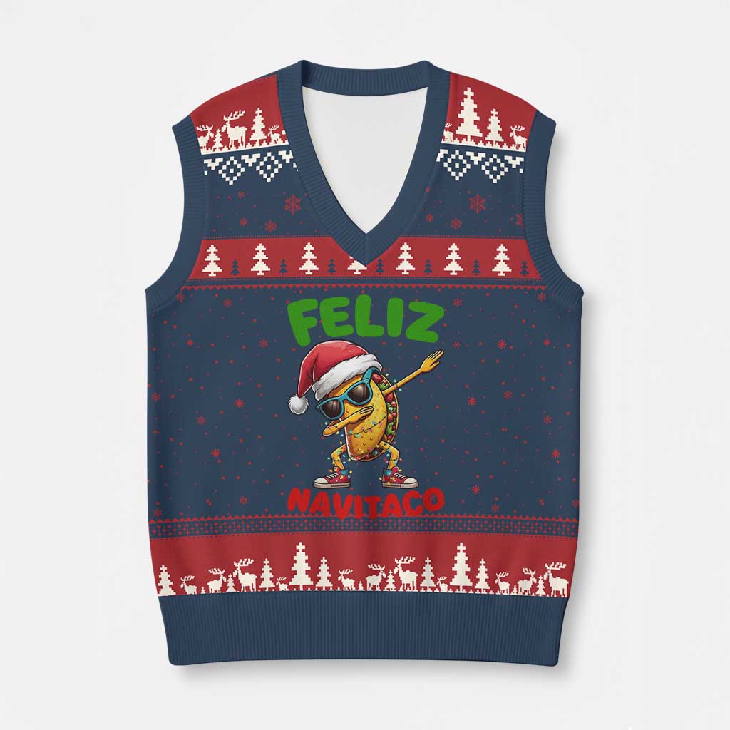 Funny Taco Mexican Xmas V-Neck Knit Sweater Vest Feliz Navitaco - Wonder Print Shop