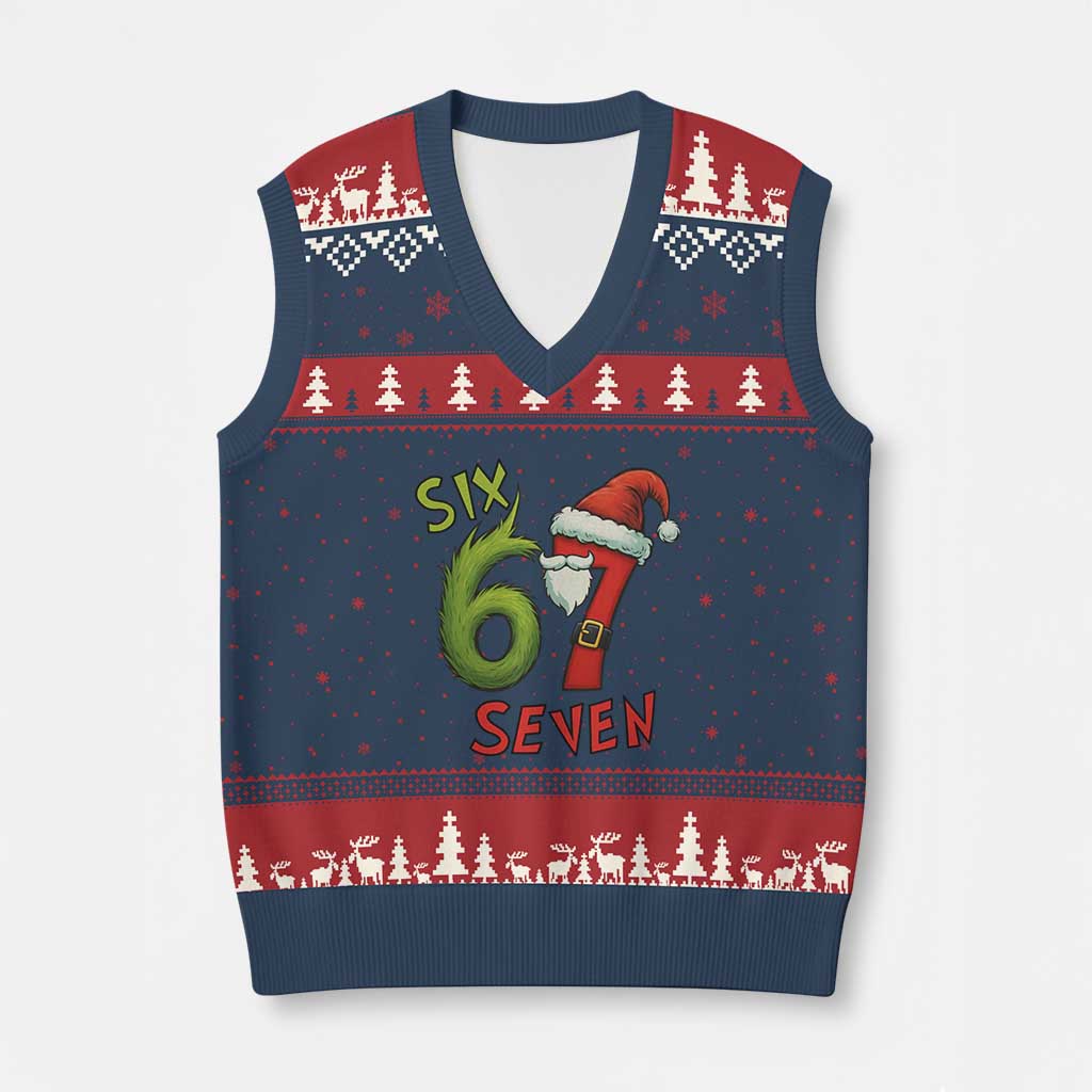 67 Six Seven Xmas Meme V-Neck Knit Sweater Vest Funny Santa Xmas - Wonder Print Shop