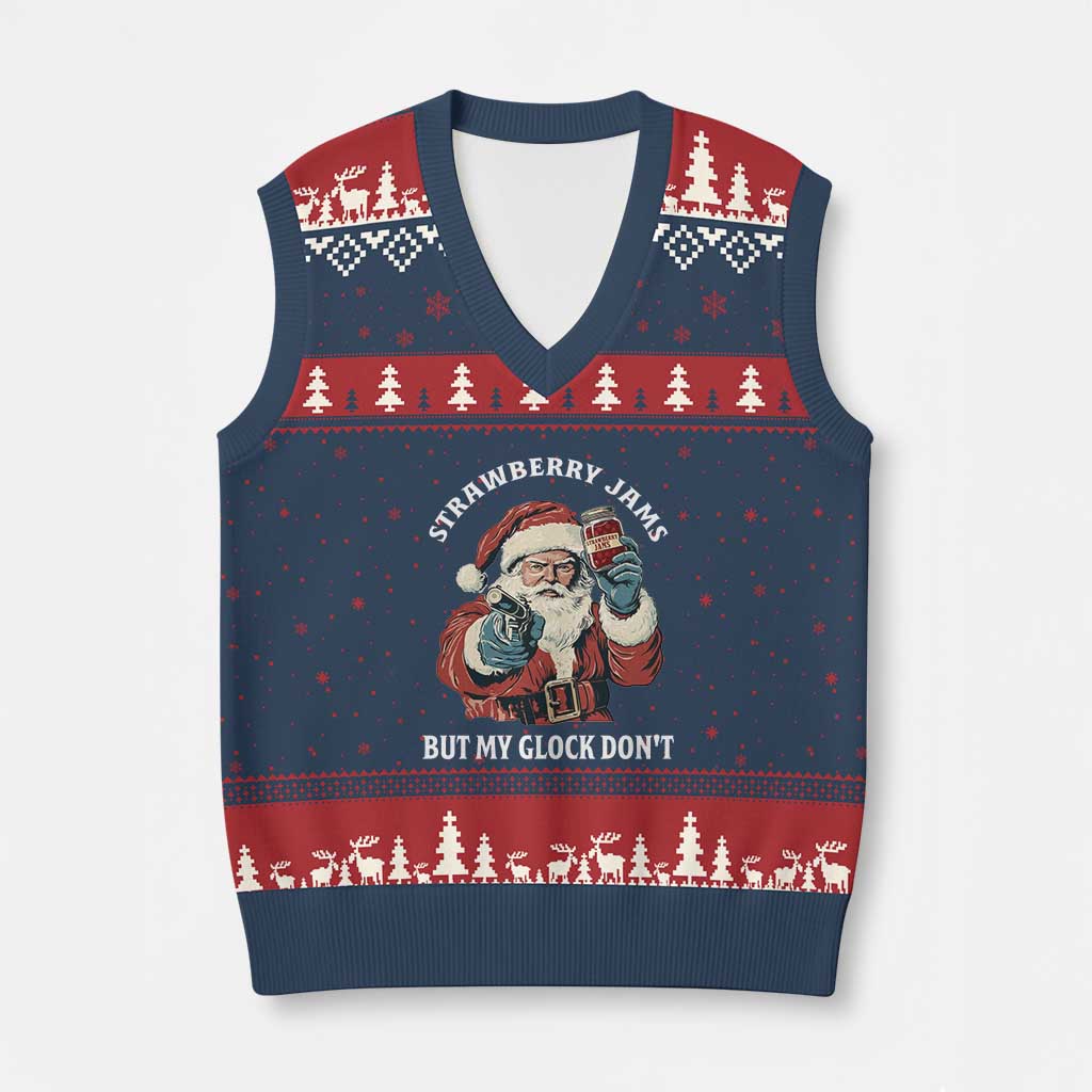 Strawberry Jams But My Gun Do Not V-Neck Knit Sweater Vest Funny Santa Gun Xmas - Wonder Print Shop