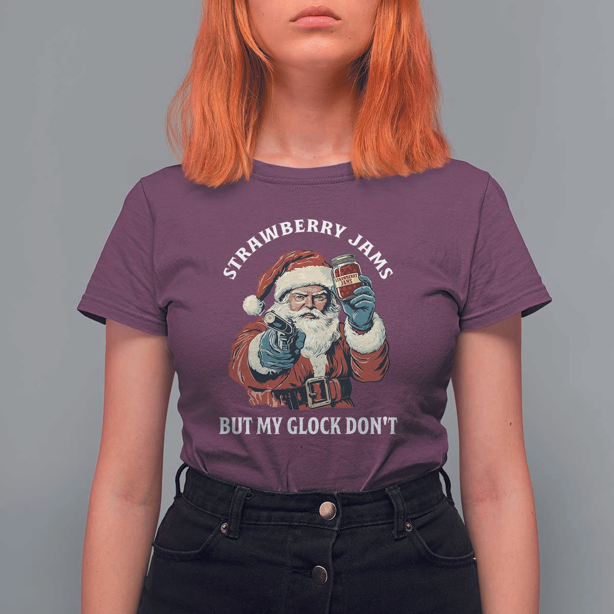Strawberry Jams But My Gun Do Not T Shirt For Women Funny Santa Gun Christmas - Wonder Print Shop