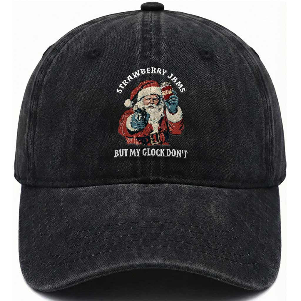 Strawberry Jams But My Gun Do Not Washed Cotton Baseball Cap Funny Santa Gun Christmas