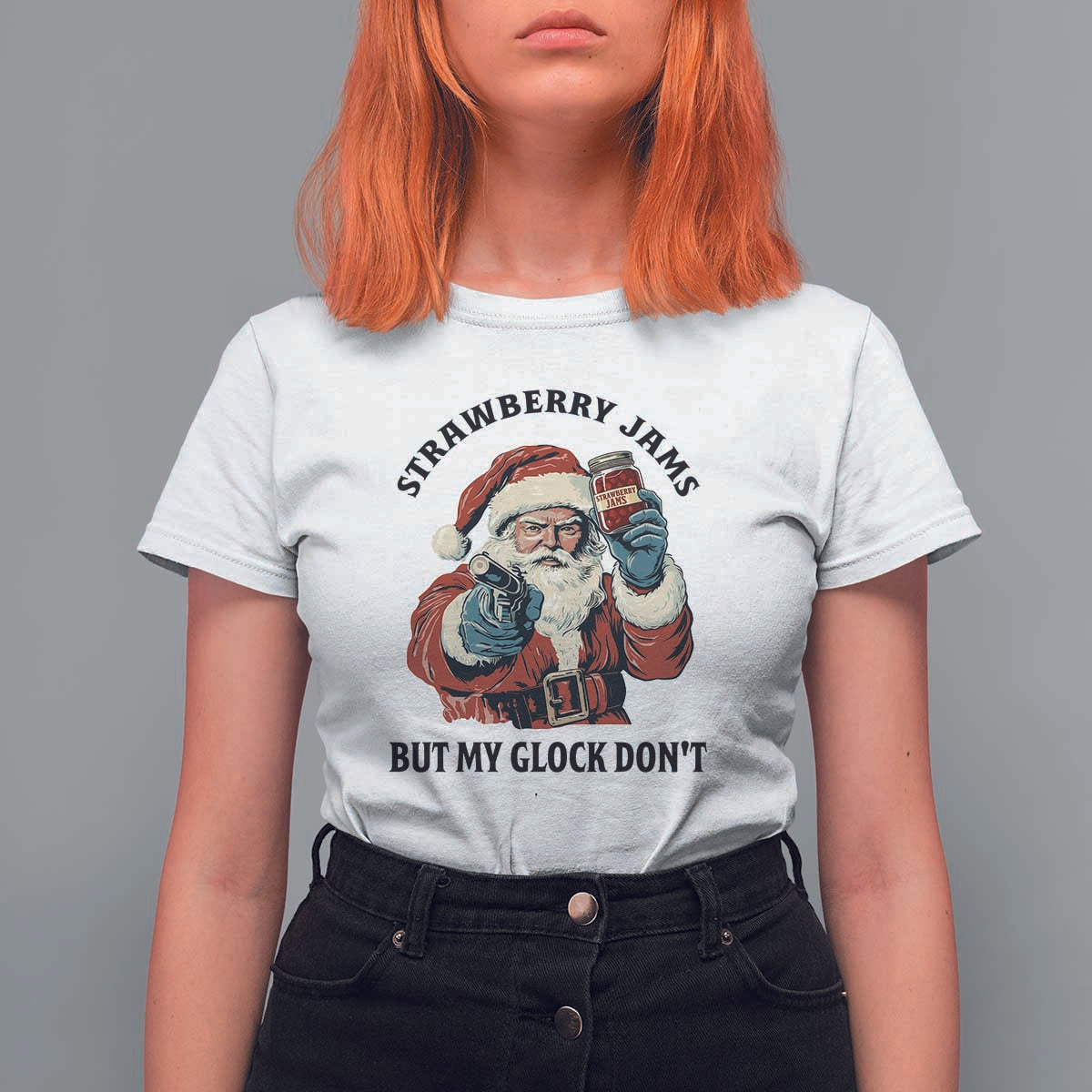 Funny Santa Gun Christmas T Shirt For Women Strawberry Jams But My Gun Do Not - Wonder Print Shop