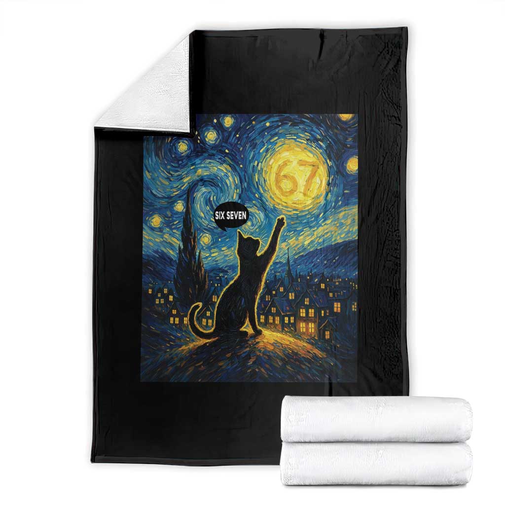 67 Cat Meme Throw Blanket Funny Six Seven Cat Starry Night Van Gogh - Wonder Print Shop