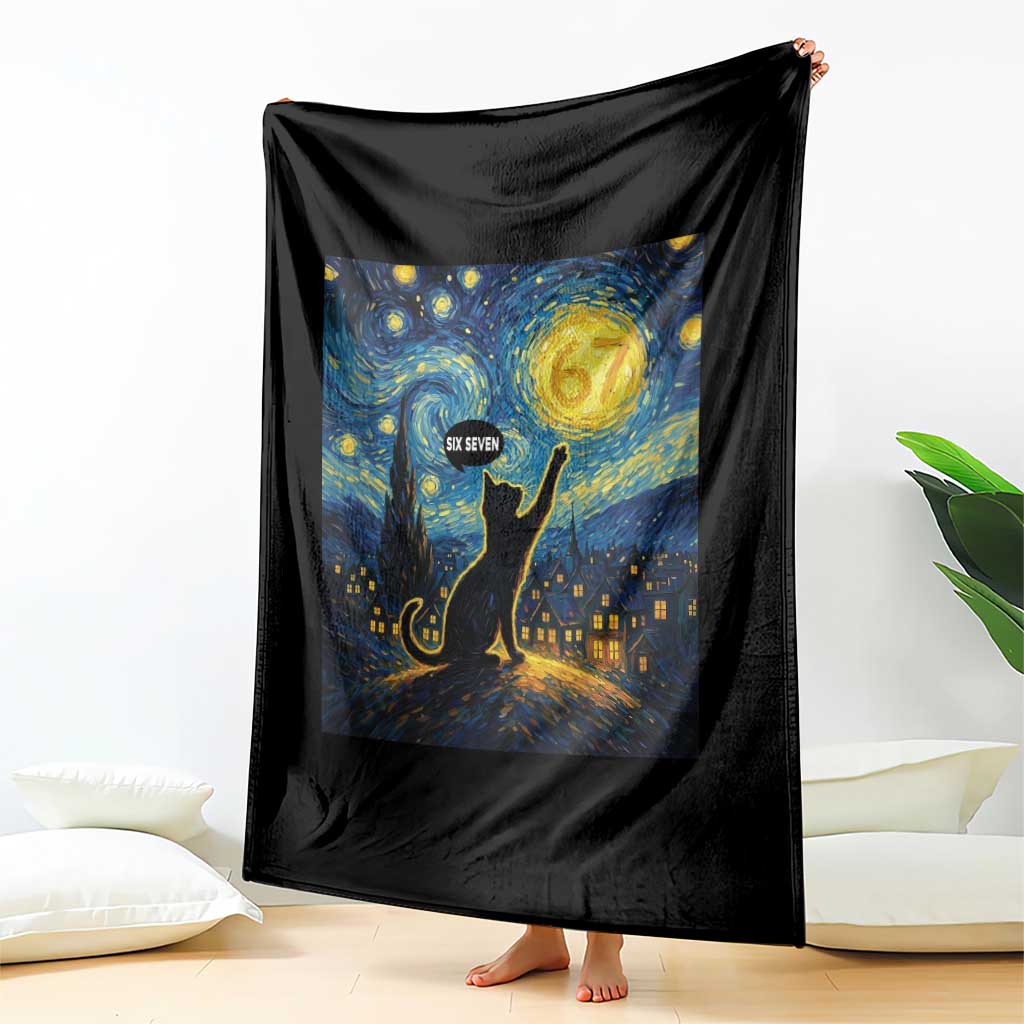 67 Cat Meme Throw Blanket Funny Six Seven Cat Starry Night Van Gogh - Wonder Print Shop