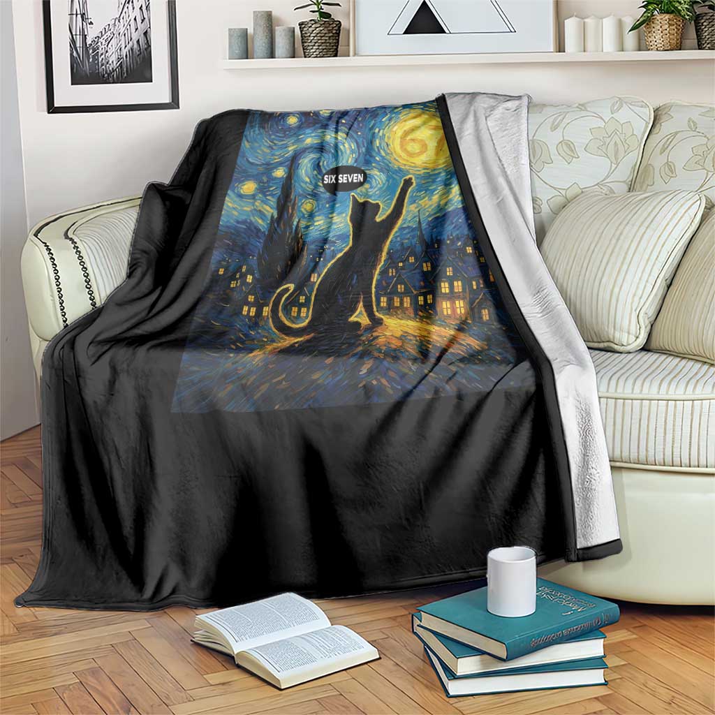 67 Cat Meme Throw Blanket Funny Six Seven Cat Starry Night Van Gogh - Wonder Print Shop