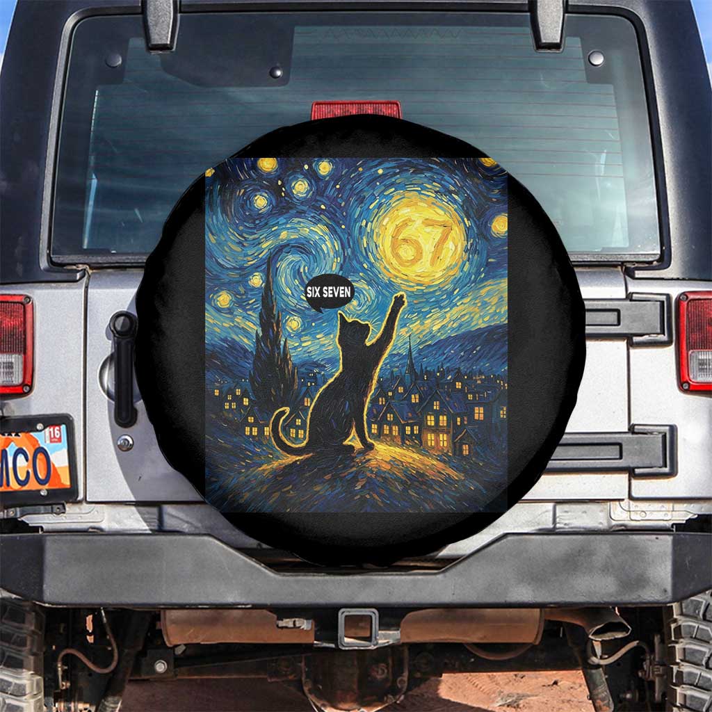 67 Cat Meme Spare Tire Cover Funny Six Seven Cat Starry Night Van Gogh - Wonder Print Shop