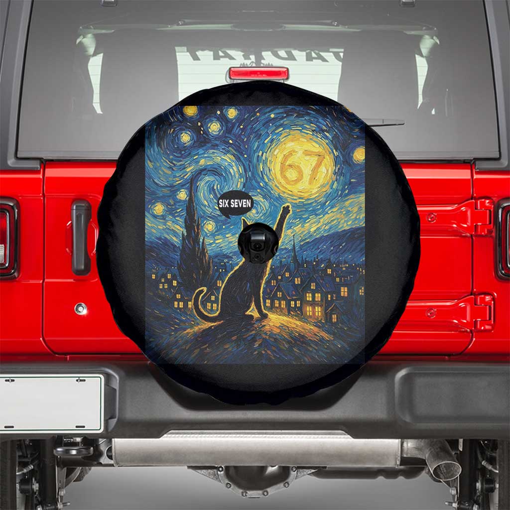 67 Cat Meme Spare Tire Cover Funny Six Seven Cat Starry Night Van Gogh - Wonder Print Shop