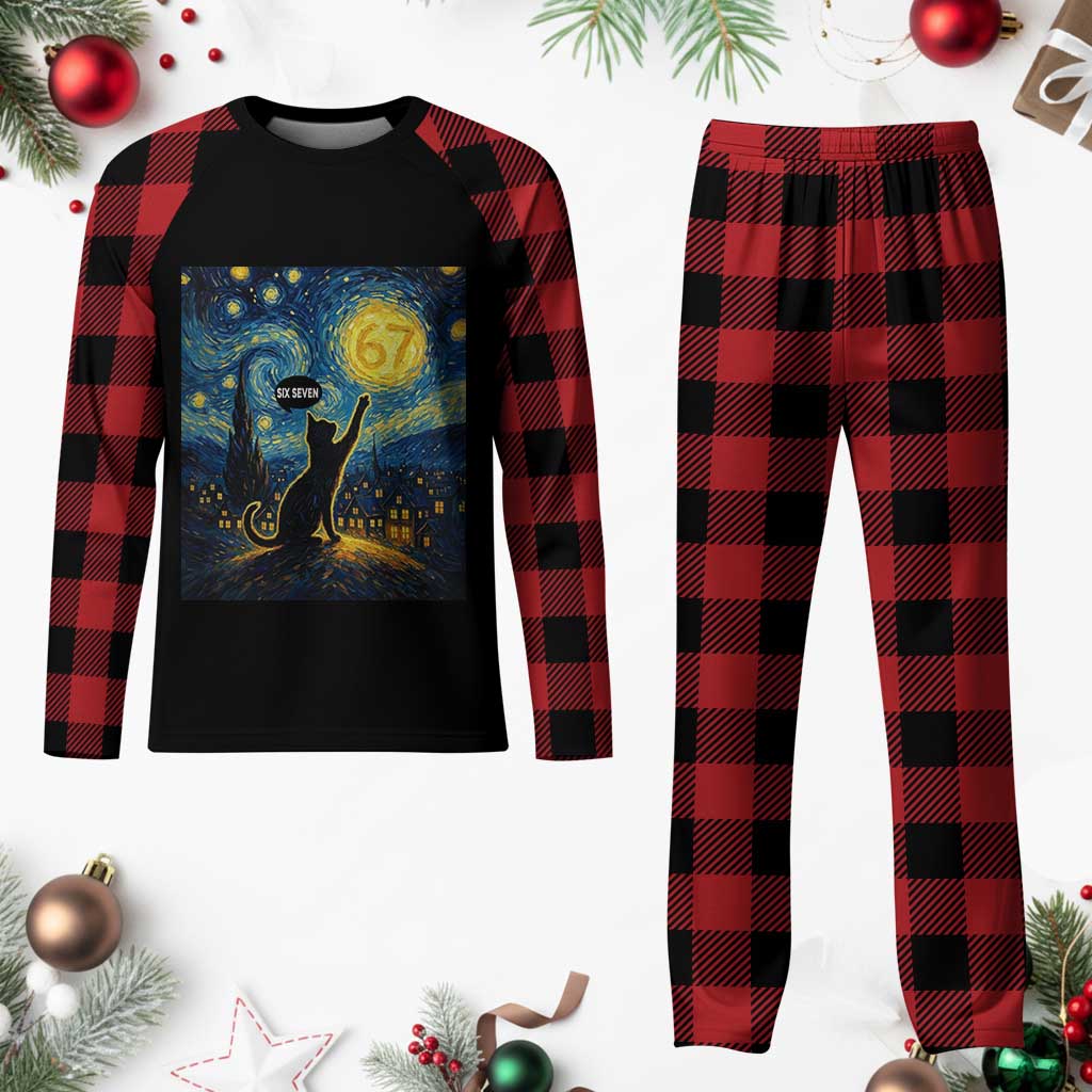 67 Cat Meme Plaid Pajama Set Funny Six Seven Cat Starry Night Van Gogh - Wonder Print Shop