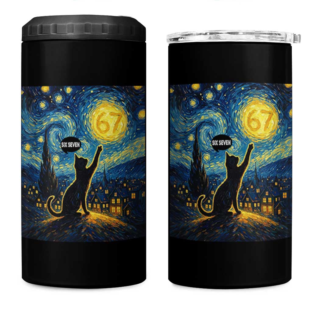 67 Cat Meme 4 in 1 Can Cooler Tumbler Funny Six Seven Cat Starry Night Van Gogh - Wonder Print Shop