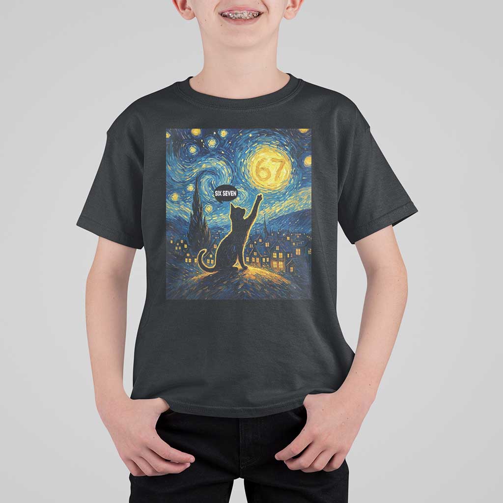 67 Cat Meme T Shirt For Kid Funny Six Seven Cat Starry Night Van Gogh - Wonder Print Shop