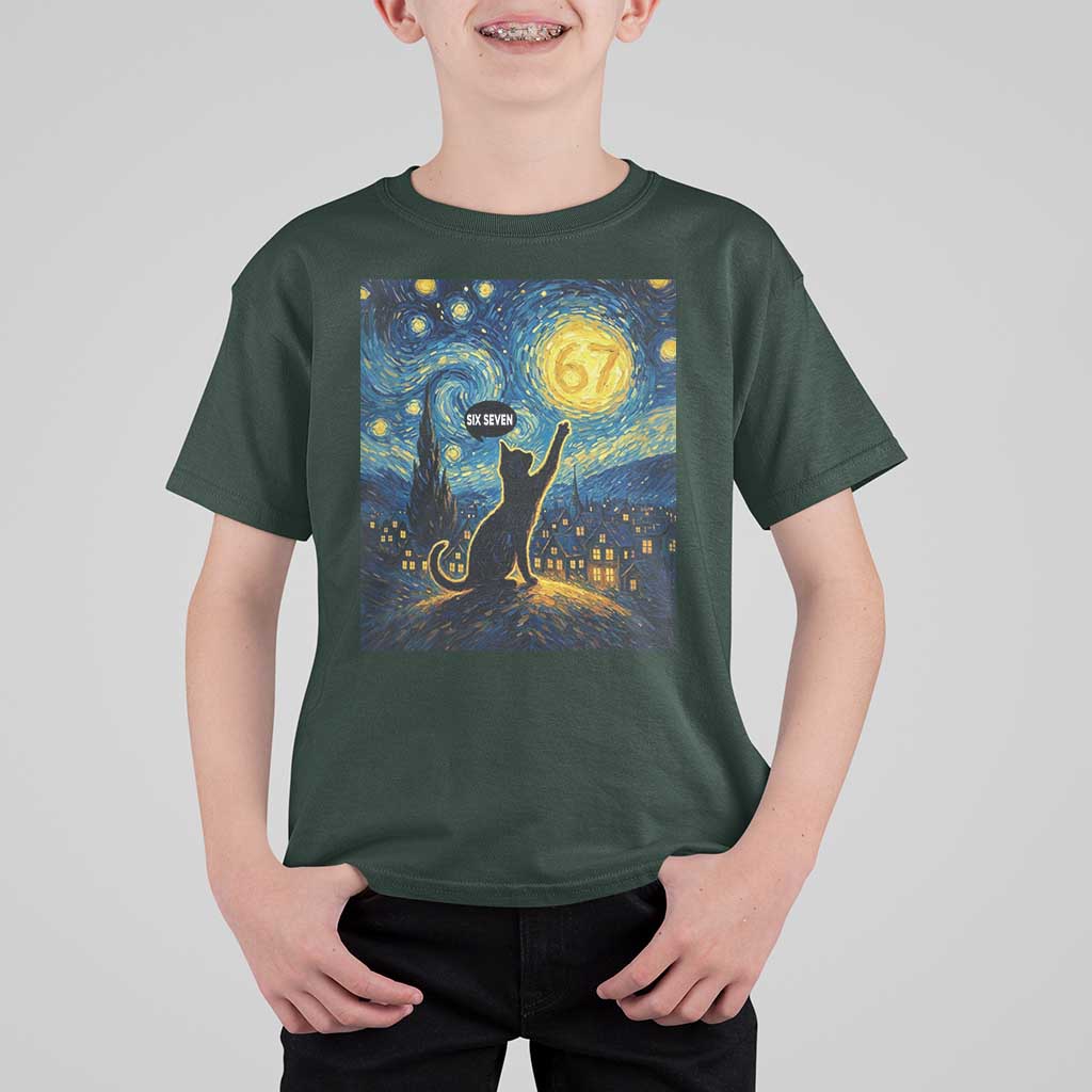 67 Cat Meme T Shirt For Kid Funny Six Seven Cat Starry Night Van Gogh - Wonder Print Shop