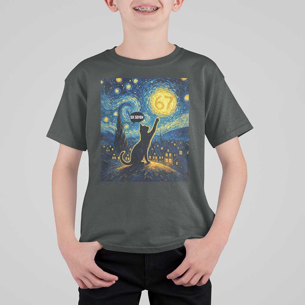67 Cat Meme T Shirt For Kid Funny Six Seven Cat Starry Night Van Gogh - Wonder Print Shop