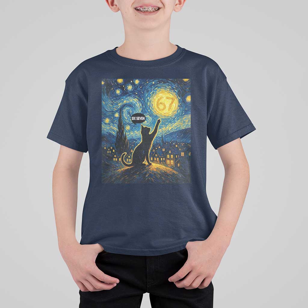 67 Cat Meme T Shirt For Kid Funny Six Seven Cat Starry Night Van Gogh - Wonder Print Shop