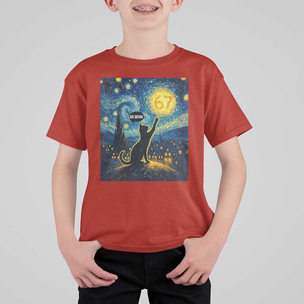 67 Cat Meme T Shirt For Kid Funny Six Seven Cat Starry Night Van Gogh - Wonder Print Shop