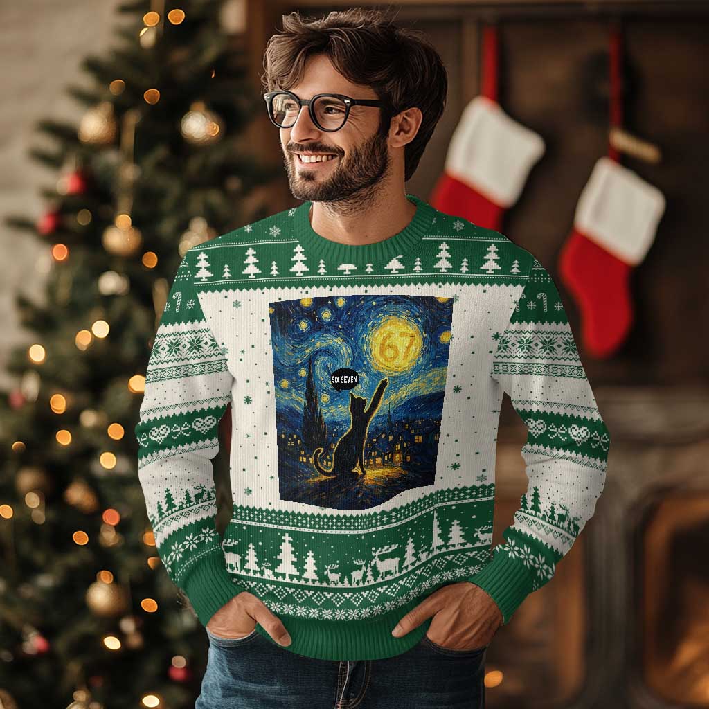 67 Cat Meme Ugly Christmas Sweater Funny Six Seven Cat Starry Night Van Gogh - Wonder Print Shop